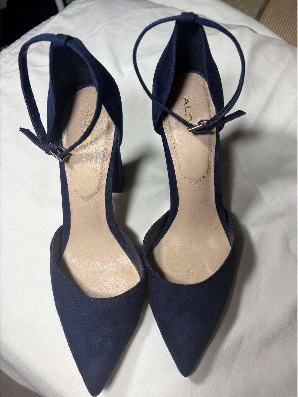 Navy Nlue ALDO suede block heel pumps with ankle straps. Women’s size 11